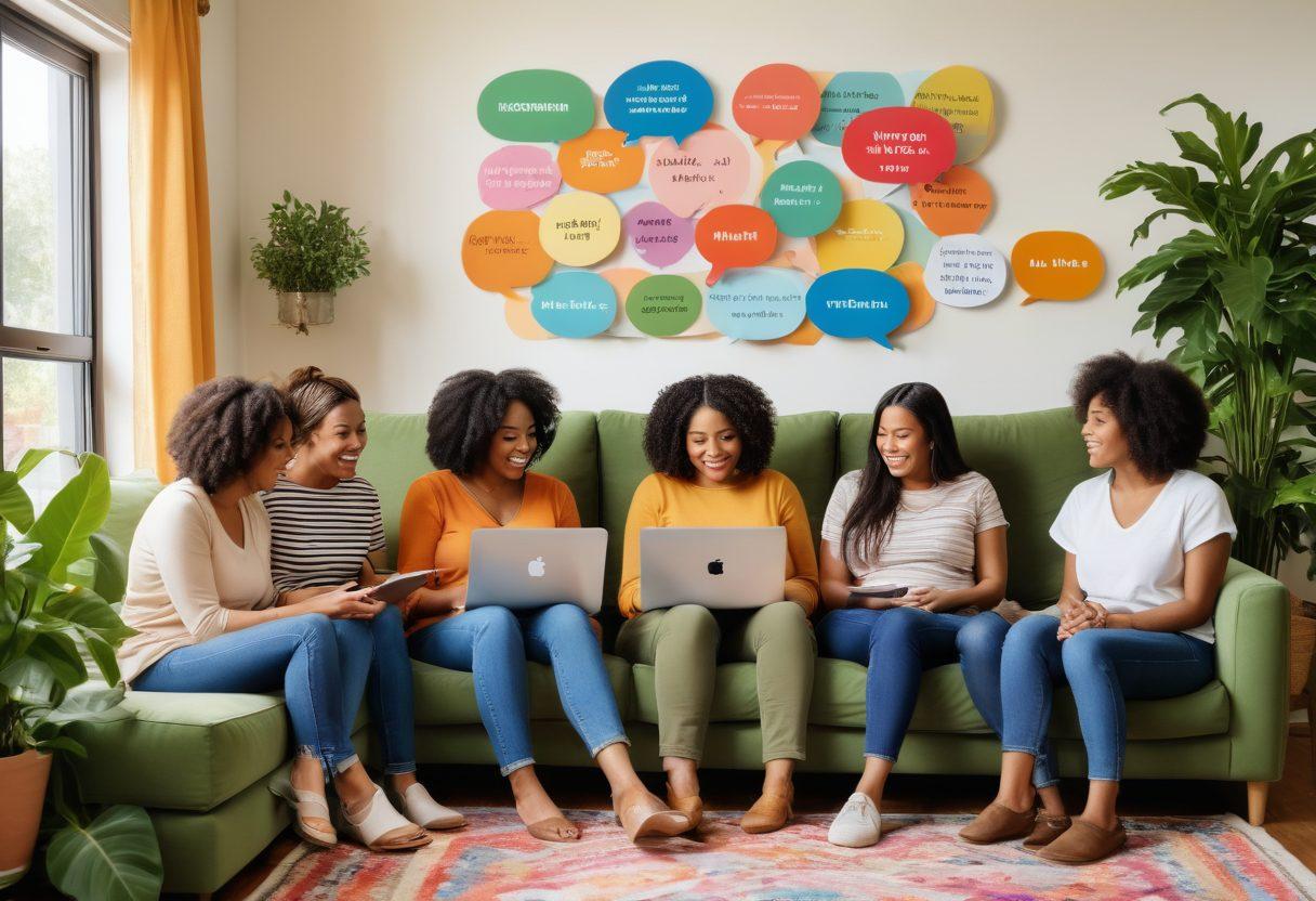 A diverse group of mothers gathered around a large laptop, passionately discussing and sharing ideas. Bright, colorful speech bubbles filled with inspirational words float above their heads. In the background, a cozy living room setting with plants and family photos conveys warmth and community. The scene radiates positivity and connection, symbolizing the power of collective voices. vibrant colors. super-realistic.