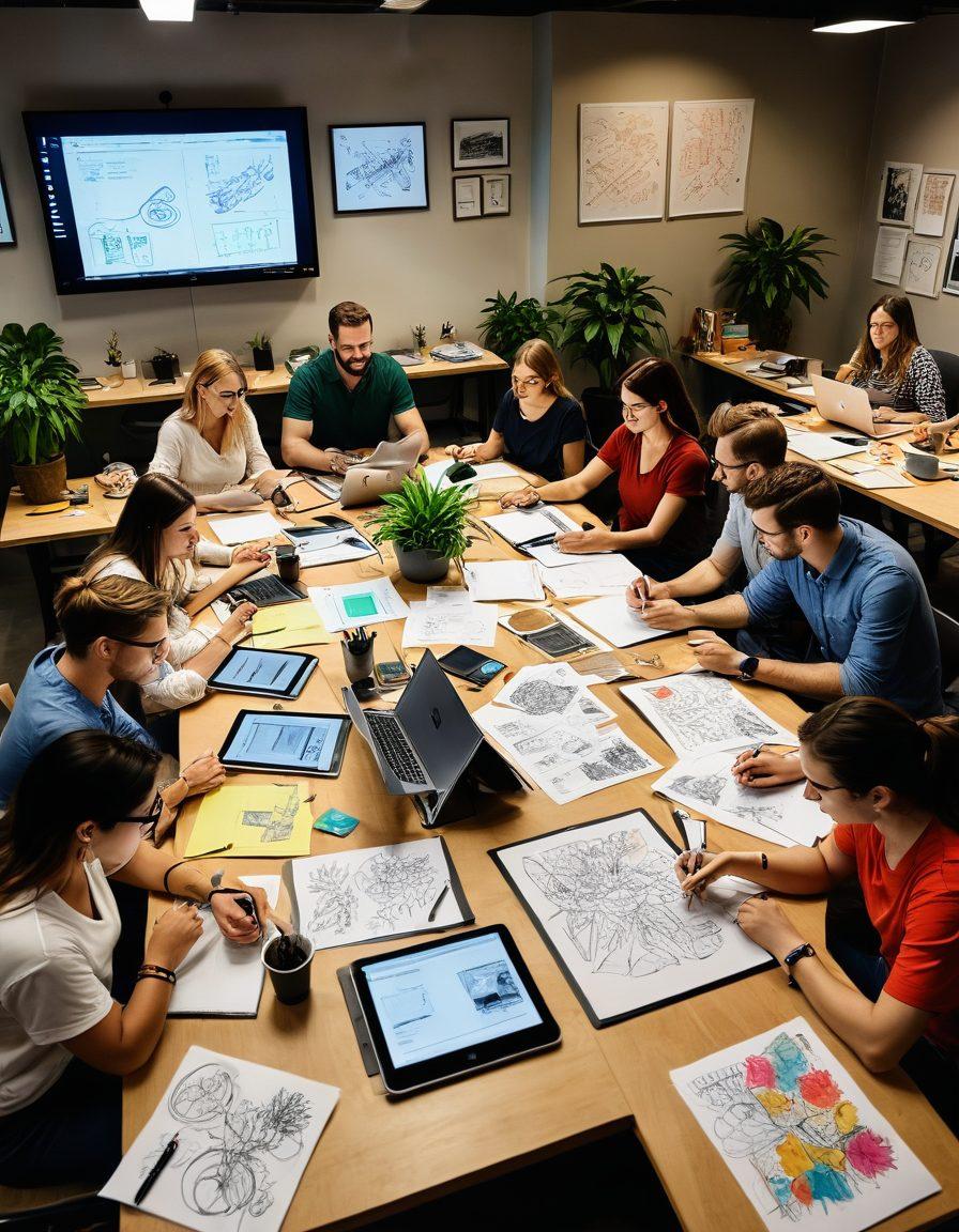 A dynamic workspace scene featuring a diverse group of creative individuals brainstorming around a table filled with colorful sketches and digital devices. The backdrop highlights a large digital screen displaying inspiring quotes and ideas. Include elements of a journal, plants for a touch of nature, and vibrant post-it notes scattered across the table. super-realistic. vibrant colors. inspiring atmosphere.