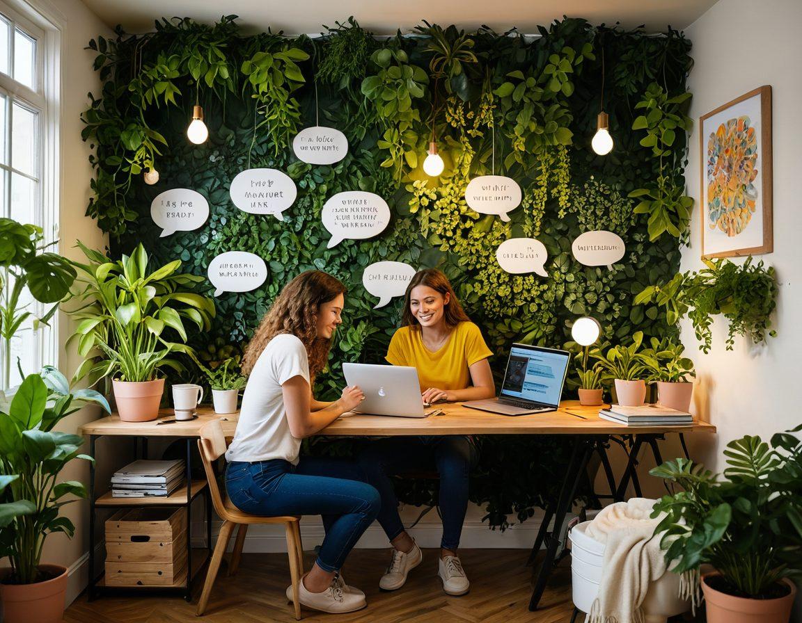 A person joyfully typing on a laptop at a cozy home workspace, surrounded by plants and inspirational quotes on the walls, symbolizing connection and sharing. In the background, thought bubbles illustrate vibrant connections with diverse people around the world. The scene is warm and inviting, evoking a sense of community and personal growth. super-realistic. vibrant colors. soft lighting.